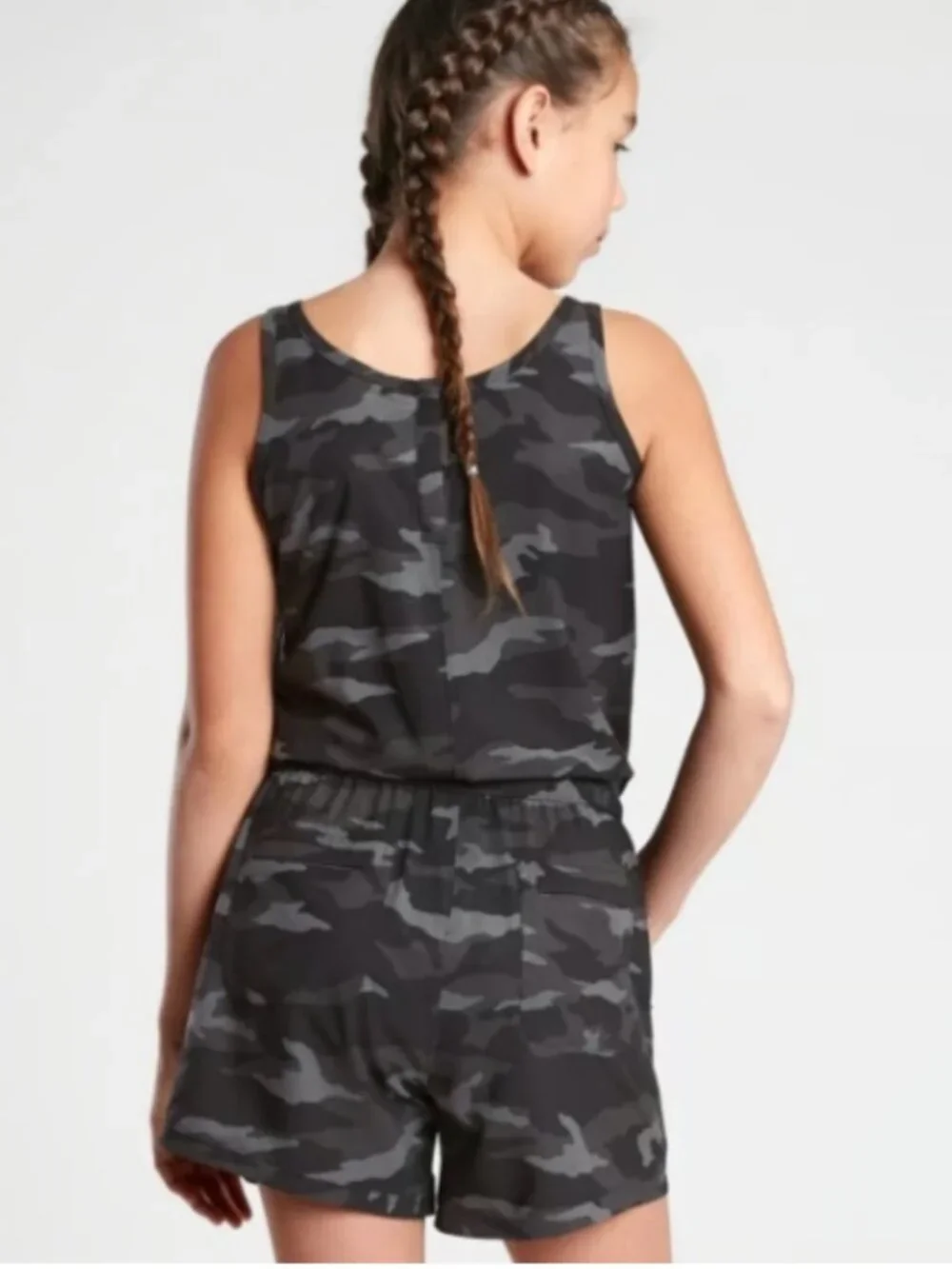 Athleta Girl On the Go Sleeveless Stretch Romper Black Camo Pockets, size XL/14
